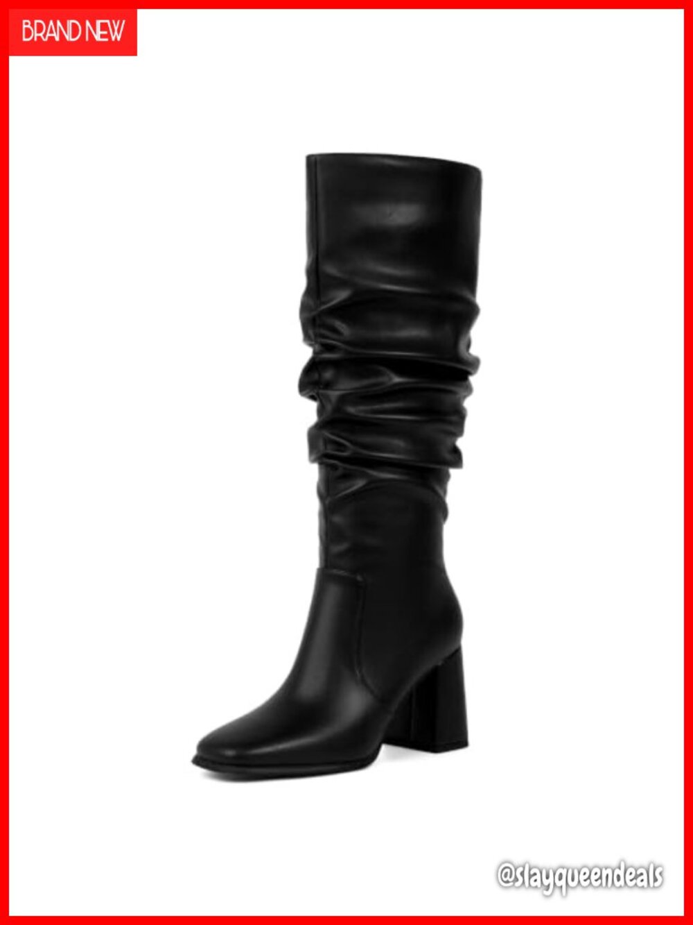Square Toe Knee High Boots Faux Leather Chunky Heel Tall Boots